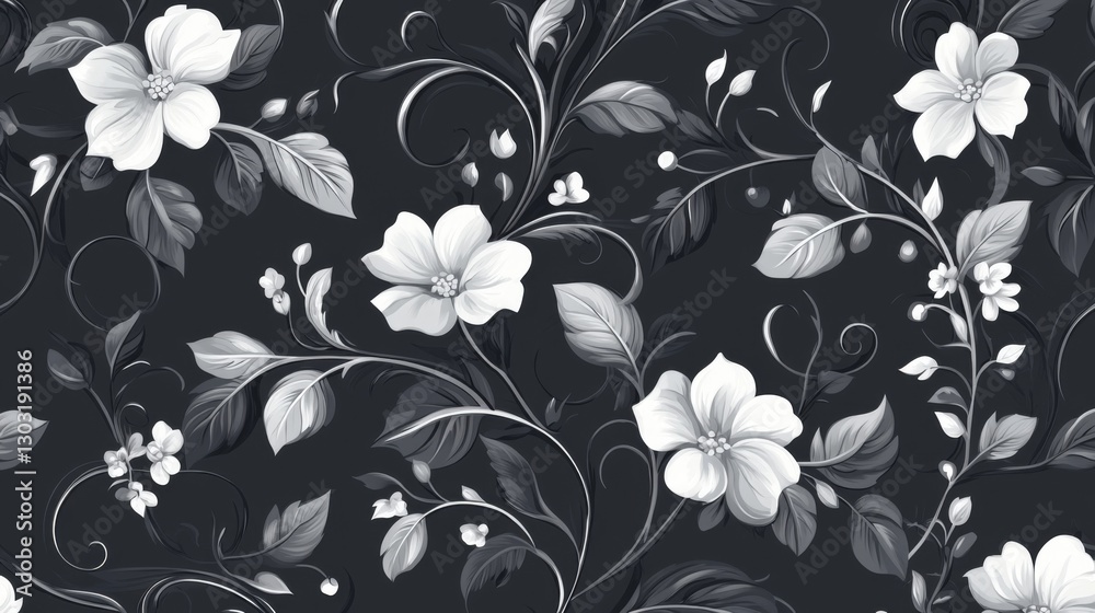Monochrome floral pattern with elegant white flowers and leaves on dark background