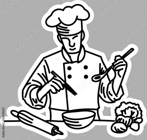 Hand-Drawn Chef Cooking, Black and White Sketch