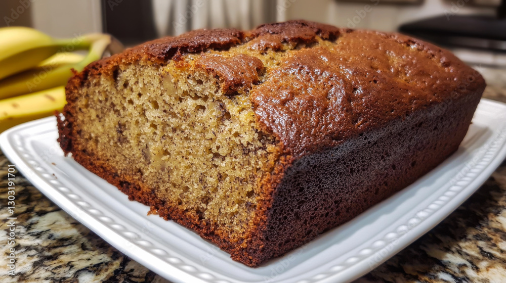 Perfectly baked banana bread on a white serving plate ready to be enjoyed Perfectly baked banana bread on a white serving plate ready to be enjoyed