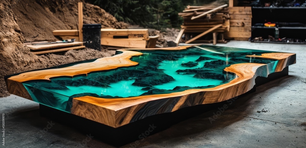 Obraz premium Distinctive epoxy river table, showcasing custom artistic workmanship.