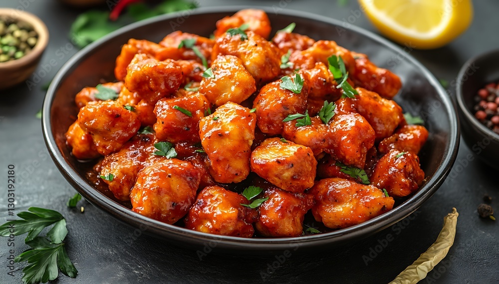 Spicy Chicken Bites on Dark Plate Spicy Chicken Bites on Dark Plate