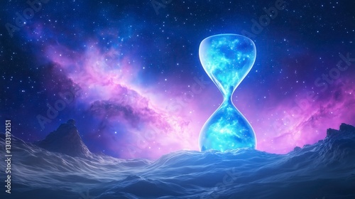 Cosmic Hourglass in a Surreal Starry Landscape with Vibrant Colors