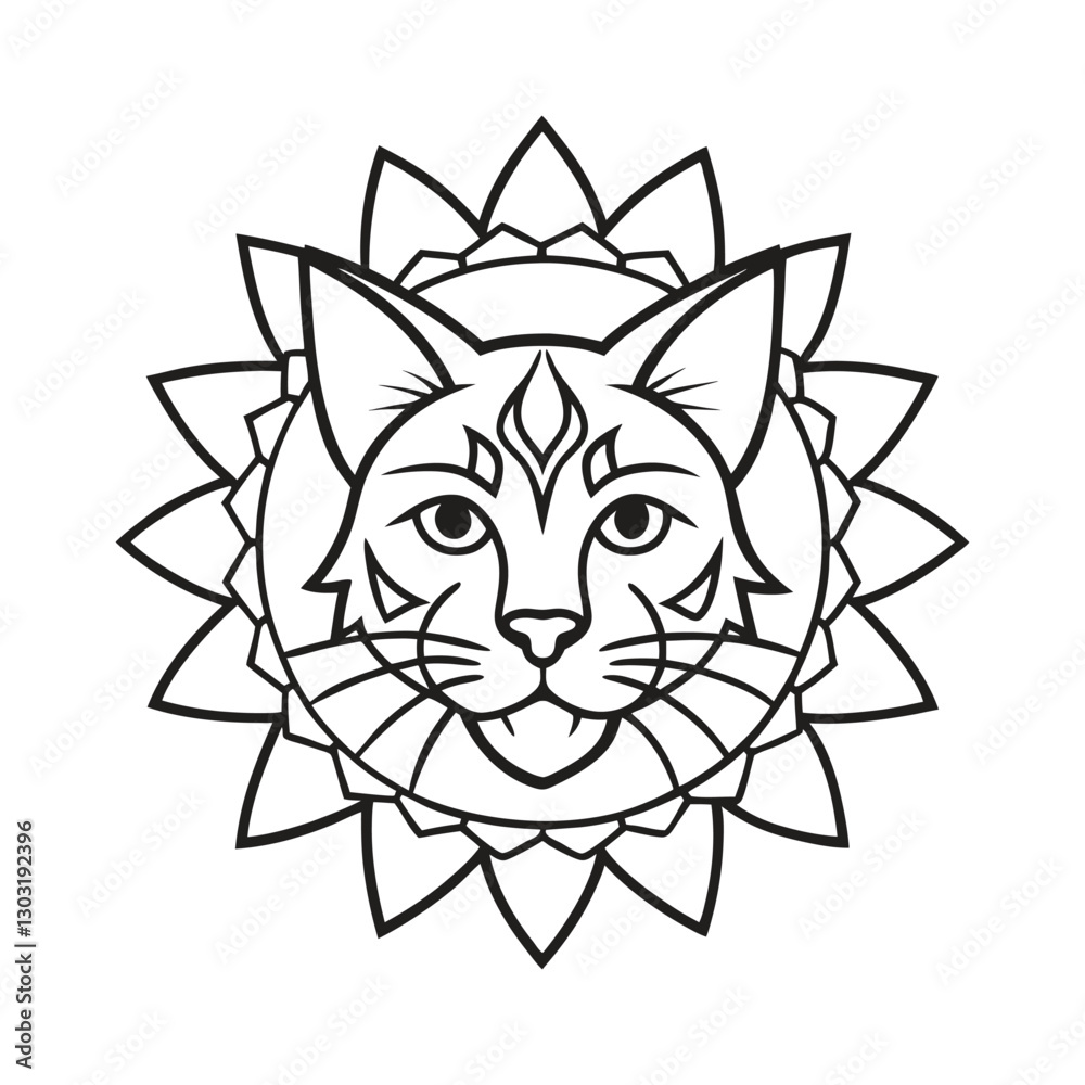 Obraz premium Line art design of a cat head with mandala vector illustration