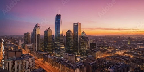 Wallpaper Mural a stunning cityscape at dusk, with tall skyscrapers and buildings reflecting the vibrant colors of the sky. A breathtaking view of the urban landscape Torontodigital.ca