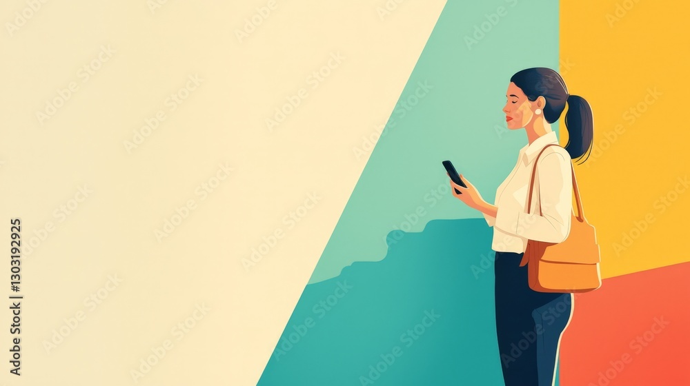 Woman Checking Phone, Colorful Background Woman Checking Phone, Colorful Background