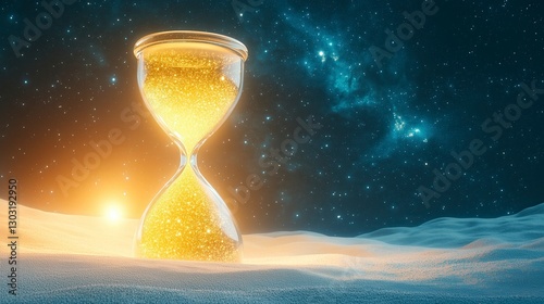 Hourglass Filled with Golden Sand Against Cosmic Starry Background