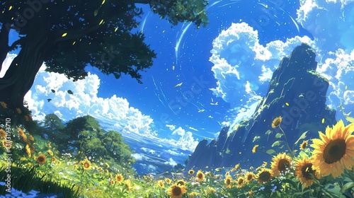 Sunny Day Sunflowers Mountain Blue Sky Fantasy Landscape