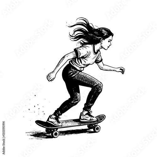 Woman skateboarding engraving black and white outline. Scratch board imitation.  illustrated in vintage line art style on a white background.
