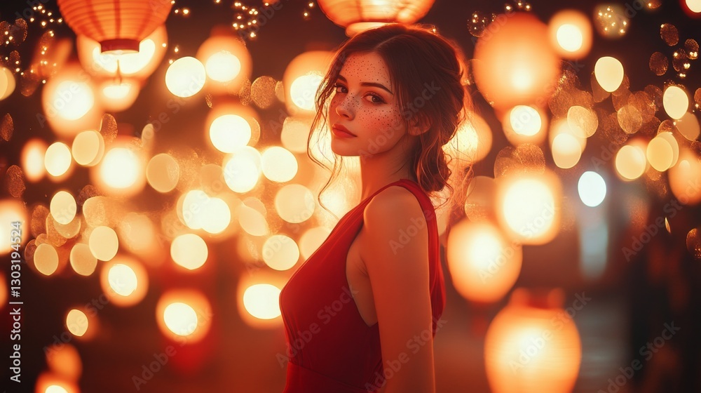 A woman with freckles, wearing an elegant red dress, standing under glowing lanterns at night, romantic ambiance, festive street scene, soft bokeh background A woman with freckles, wearing an elegant red dress, standing under glowing lanterns at night, romantic ambiance, festive street scene, soft bokeh background