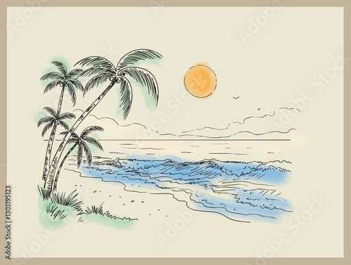 Hand-drawn beaBeach Sketch:  Palm trees, ocean waves, and sun in a hand-drawn style.  Relaxing coastal vibech scene.eps