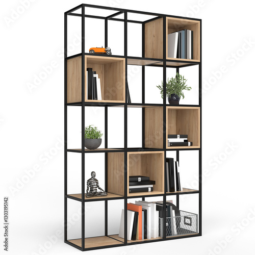 Loft style shelving unit made of metal and wooden shelves for accessories