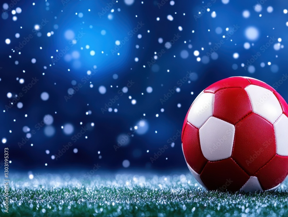 Fototapeta premium A vibrant red and white soccer ball resting on a snowy field under blue lights