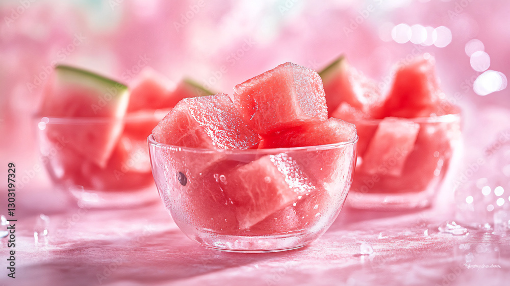 Refreshing Watermelon Cubes in Clear Bowls on Pink Background Refreshing Watermelon Cubes in Clear Bowls on Pink Background