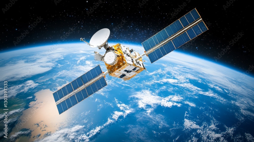 Fototapeta premium Satellite in Earths Orbit A high-resolution satellite capturing Earth from space.
