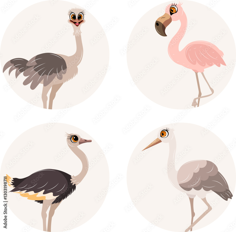 Fototapeta premium Cute zoo. Vector birds. Set of ostrich, flamingo, stork and heron. Vector animals collection. Children's flat vector illustrations.