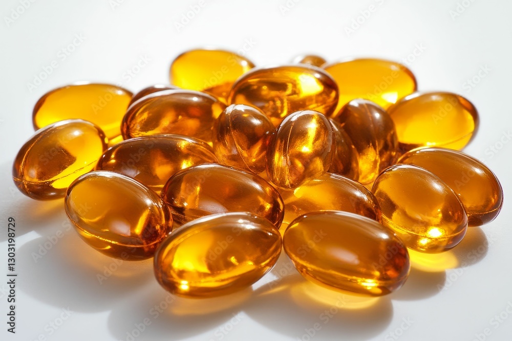 Golden vitamin capsules in a close up shot. Golden vitamin capsules in a close up shot.