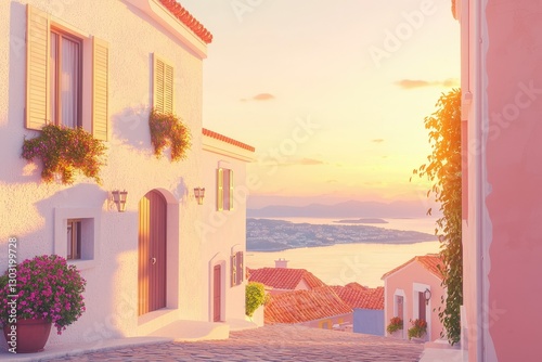 Enchanting Mediterranean seaside village at sunset, warm orange light, cobblestone streets, colorful houses, highly detailed 3D render
