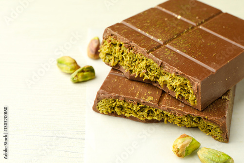 Photography Pieces of tasty Dubai chocolate with pistachios and knafeh on white wooden table, closeup