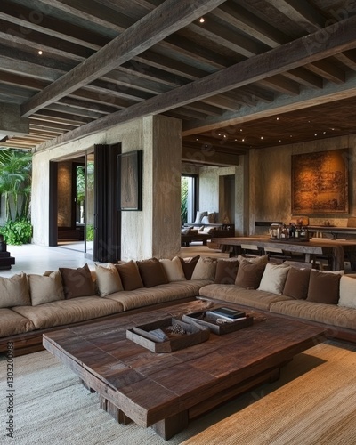 Luxury Lounge Area Interior With Brown Tones Stone Pillars Wooden Ceiling and L Shaped Sofa
