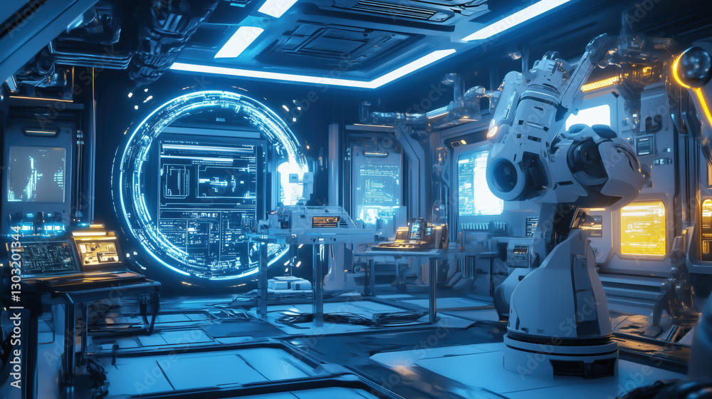 A futuristic space station with AI-powered robots managing tasks A futuristic space station with AI-powered robots managing tasks