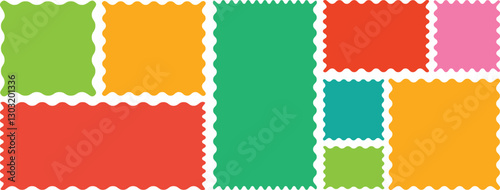 Color rectangle frames with wiggly borders. Rectangle shape frame with zigzag edge. Zigzag wavy edge shapes. Torn paper, jagged rectangular shape box element set with zigzag edges. Vector illustration