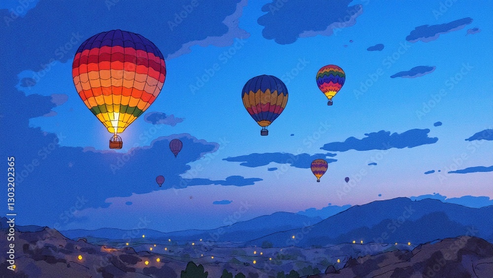 Obraz premium Vibrant Hot Air Balloons Floating Over Scenic Dusk Landscape