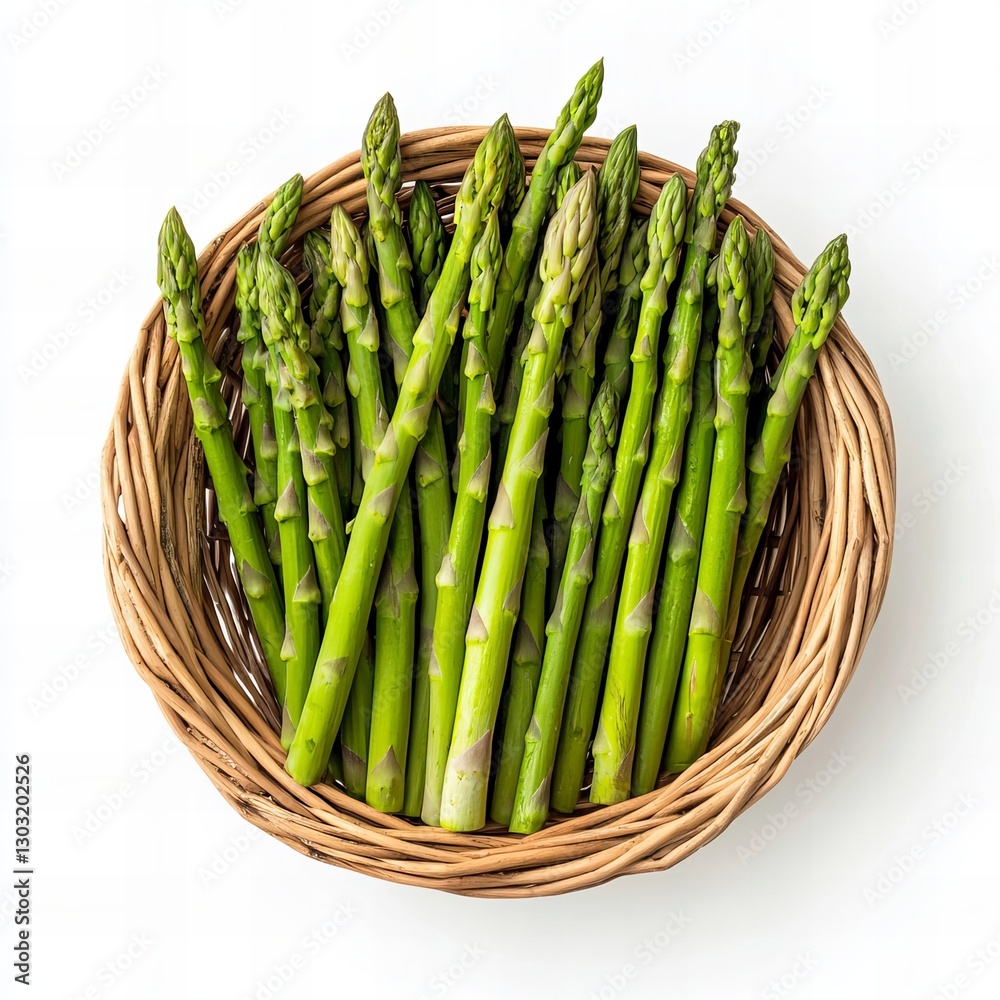green asparagus in a basket isolated on white, top view green asparagus in a basket isolated on white, top view