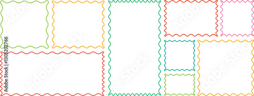 Color rectangle frames with wiggly borders. Set of Zigzag wavy edges, rectangles, photo frames, text boxes, labels. Scallop frame set. Different wavy shapes with squiggly edge border