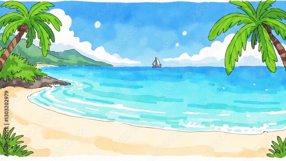 Fototapeta premium Tranquil Tropical Beach Scene with Palms and Sailing Ship