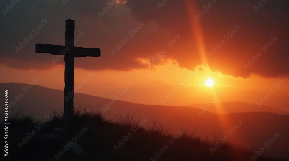 A wooden cross silhouetted on a hill against a dramatic sunset sky with dark clouds, symbolizing the solemnity of Good Friday. A wooden cross silhouetted on a hill against a dramatic sunset sky with dark clouds, symbolizing the solemnity of Good Friday.