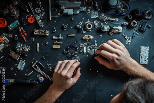 Electronics repair parts are scattered across dark surface.
