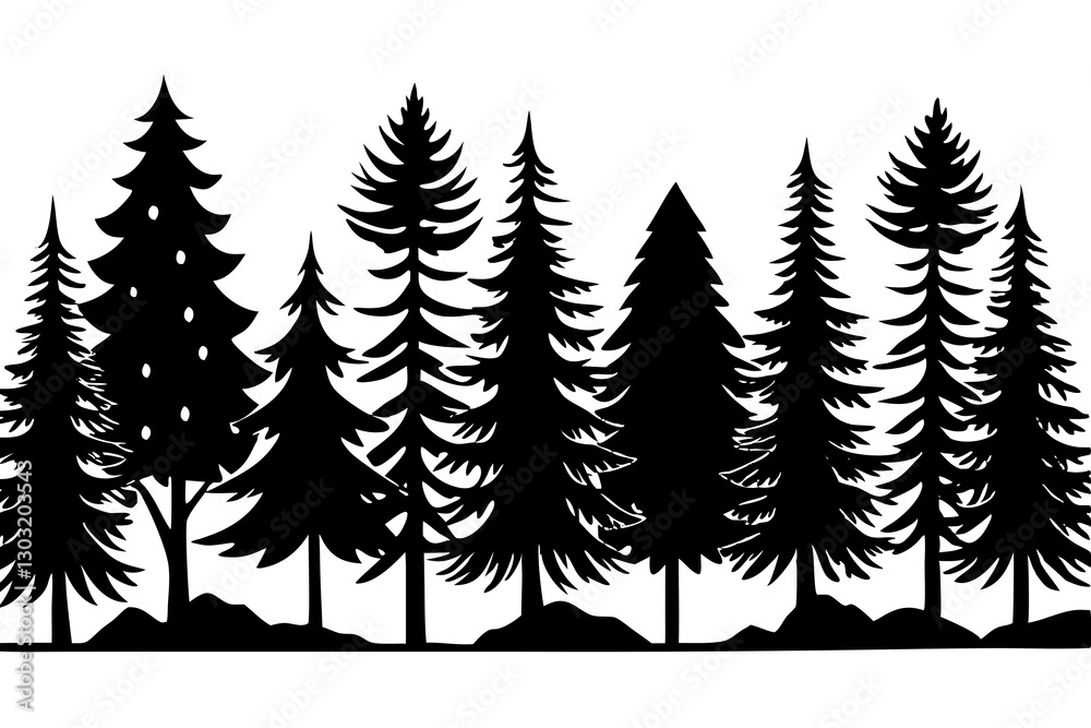 Forest tree silhouettes collection. Pine trees horizontal pattern panorama background. Vector illustration Fir trees silhouettes set. Coniferous spruce horizontal background