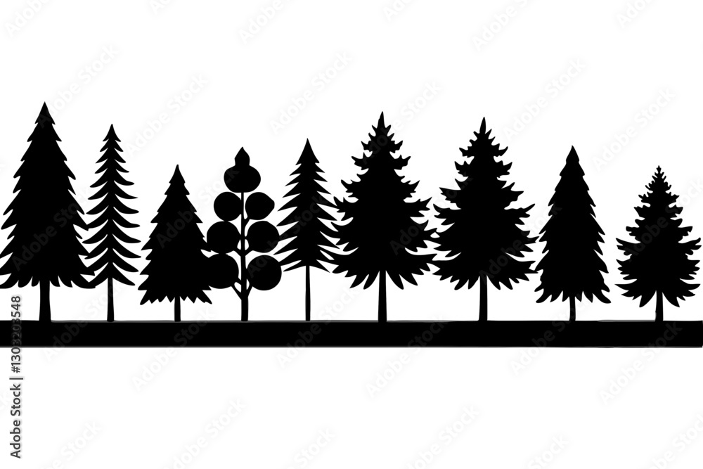 Obraz premium Forest tree silhouettes collection. Pine trees horizontal pattern panorama background. Vector illustration Fir trees silhouettes set. Coniferous spruce horizontal background