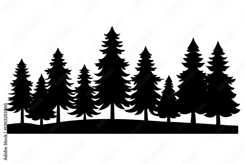 Obraz premium Forest tree silhouettes collection. Pine trees horizontal pattern panorama background. Vector illustration Fir trees silhouettes set. Coniferous spruce horizontal background