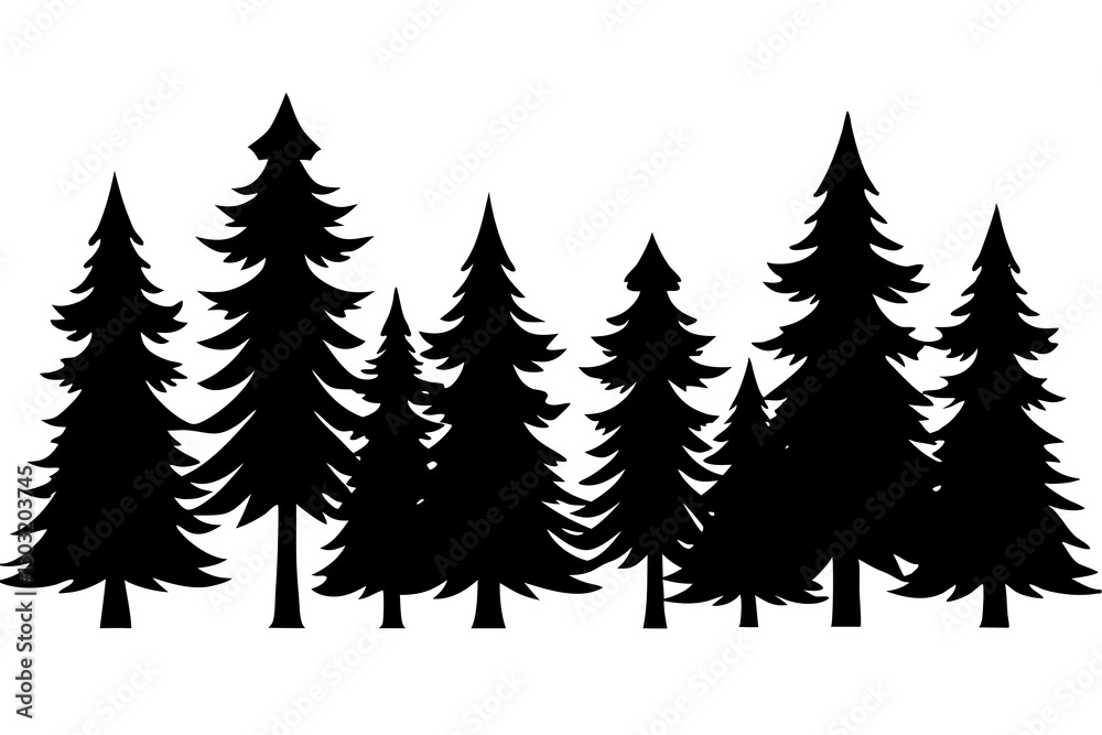 Forest tree silhouettes collection. Pine trees horizontal pattern panorama background. Vector illustration Fir trees silhouettes set. Coniferous spruce horizontal background