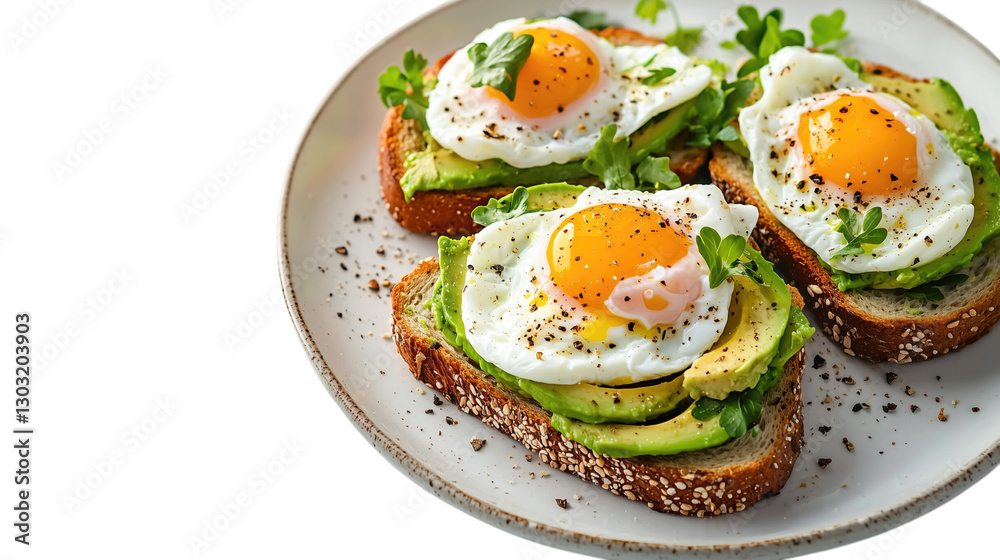 Plate of Avocado Toast with Poached Eggs, Isolated on White Background Plate of Avocado Toast with Poached Eggs, Isolated on White Background