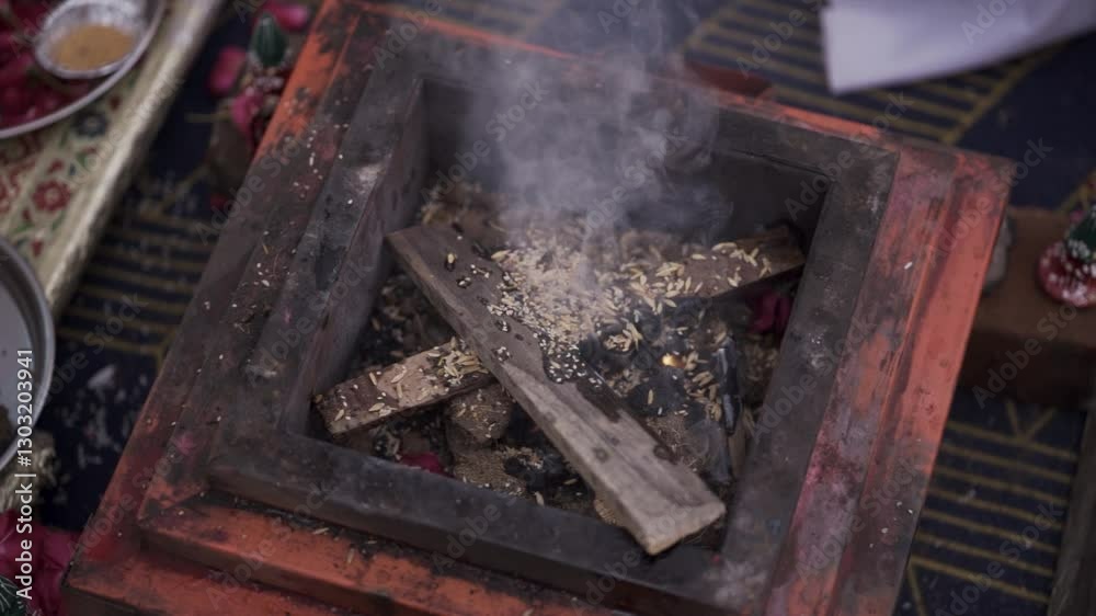 Closeup of Hawan Kund, an Indian Spiritual tradition to Worship god in Hinduism. Indian culture, Hindu Wedding rituals background	