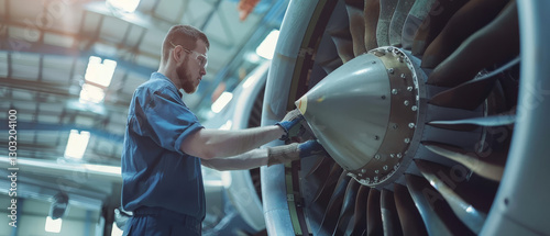 A technician in a blue uniform stands before a massive jet engine, inspecting it meticulously within an aircraft hangar.