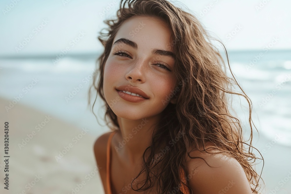 Smiling woman enjoys beach day near the ocean. Smiling woman enjoys beach day near the ocean.