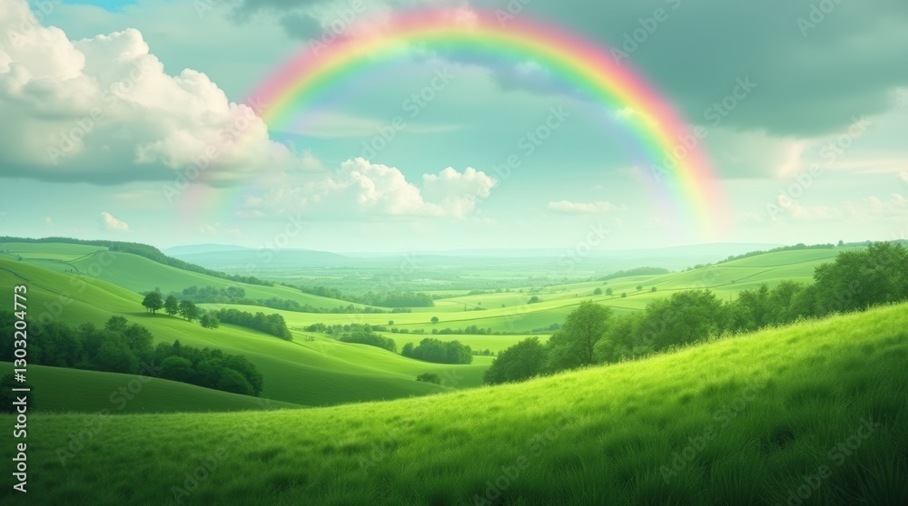 Lush green hills and rainbow over cloudy sky, capturing luck and joy for Saint Patrick’s Day Lush green hills and rainbow over cloudy sky, capturing luck and joy for Saint Patrick’s Day