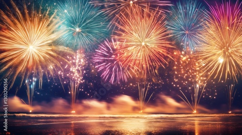 Wallpaper Mural Colorful fireworks exploding over the ocean celebrating New Year's Eve Torontodigital.ca