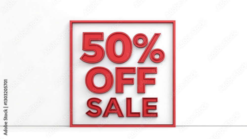promotion sale labels, Red sign displaying a 50% off sale promotion in bold letters. promotion sale labels, Red sign displaying a 50% off sale promotion in bold letters.