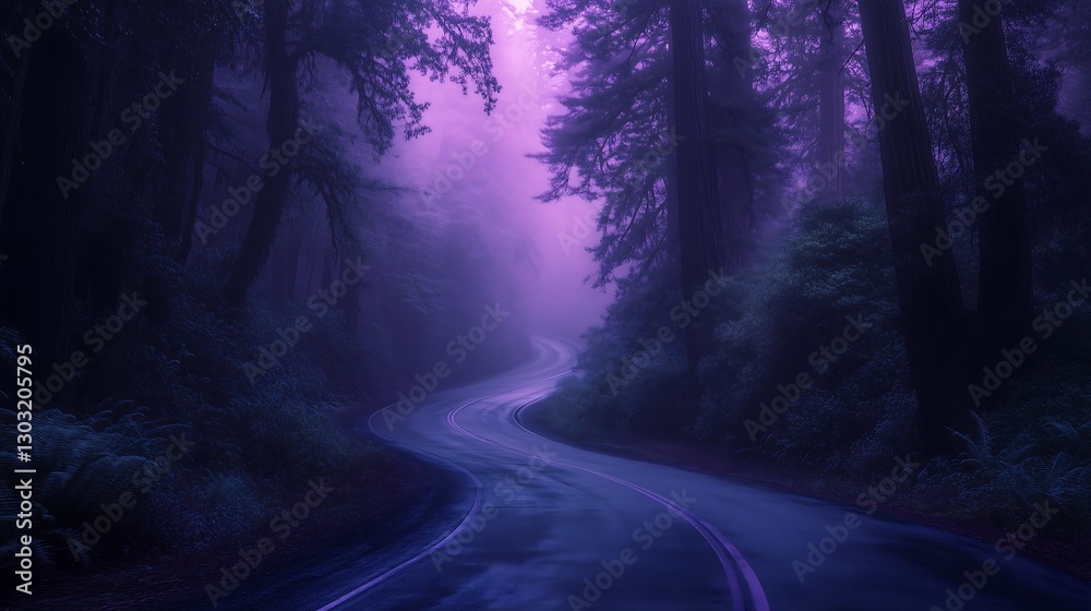 Obraz premium A road through the redwood forest, with purple and pink color tones, a foggy, cinematic atmosphere, dark lighting, and a dreamy, ethereal quality.