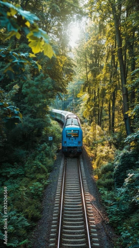Fototapeta premium A train winds its way through an enchanting forest, surrounded by lush greenery and sun-dappled leaves that create a magical and captivating atmosphere.