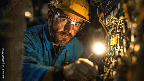 An electrician focused on his task is using a flashlight to inspect and repair electrical connections in a poorly lit room. Safety gear is worn for protection