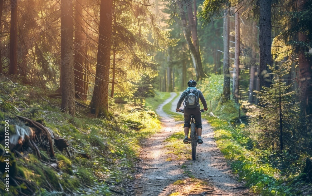 A cyclist with a backpack pedals on a winding forest trail, the sun's rays peeping through the tall pines. A cyclist with a backpack pedals on a winding forest trail, the sun's rays peeping through the tall pines.