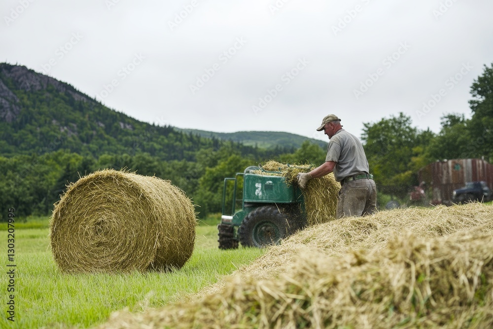 Farmer working with hay bales and tractor in a picturesque mountain valley, illustrating rural agriculture in a scenic environment Farmer working with hay bales and tractor in a picturesque mountain valley, illustrating rural agriculture in a scenic environment