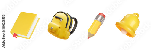 3d learning education school 3d icons. Yellow school backpack, pen, bell and book .isolated on white background. School symbols collection