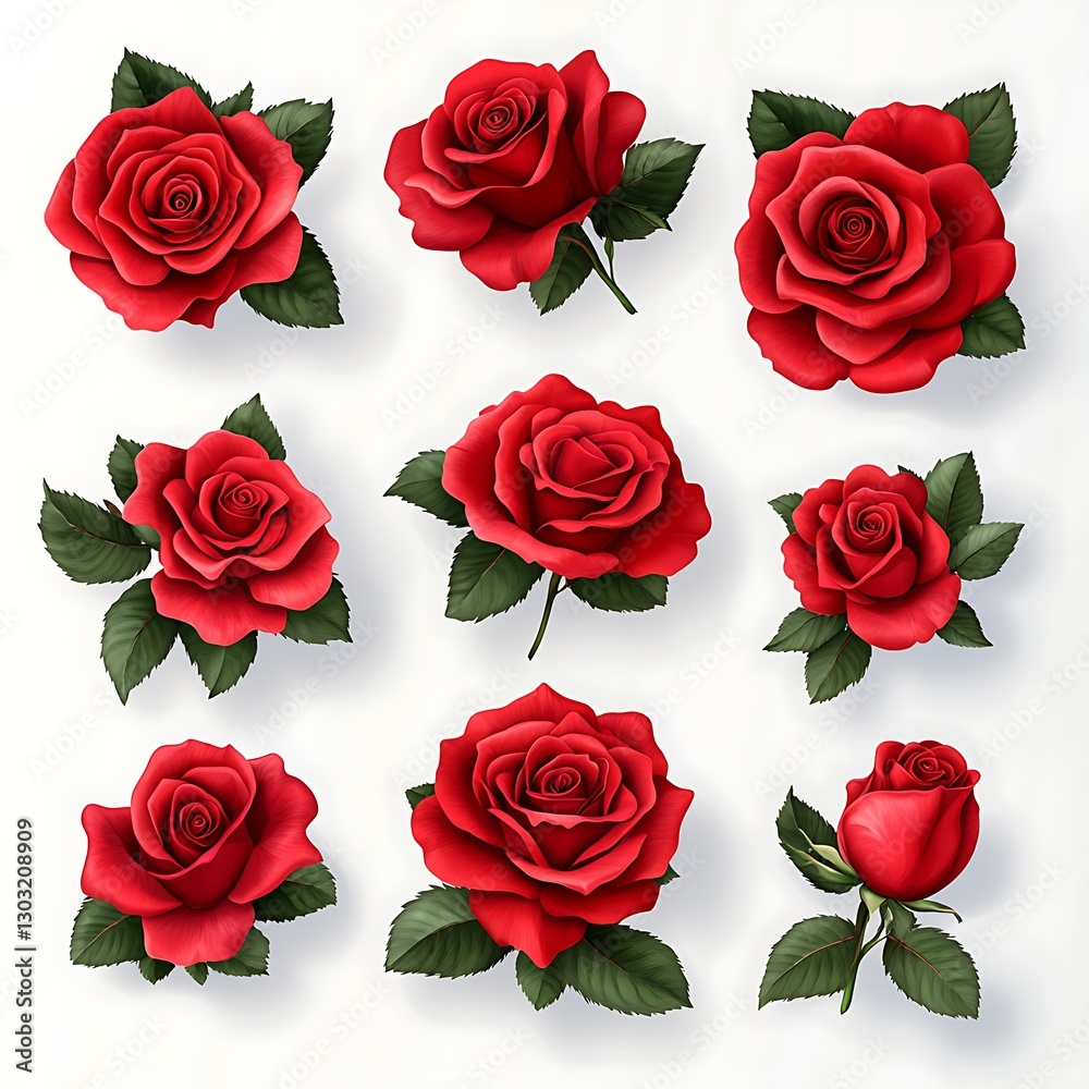 Fototapeta premium Red roses collection, white background