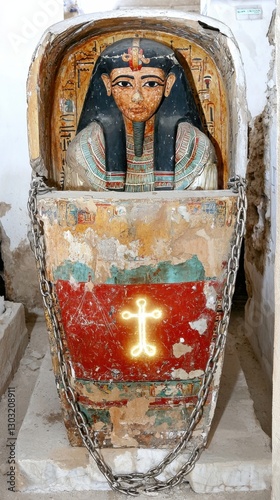 Ancient Egyptian coffin with intricate designs and inscriptions. photo